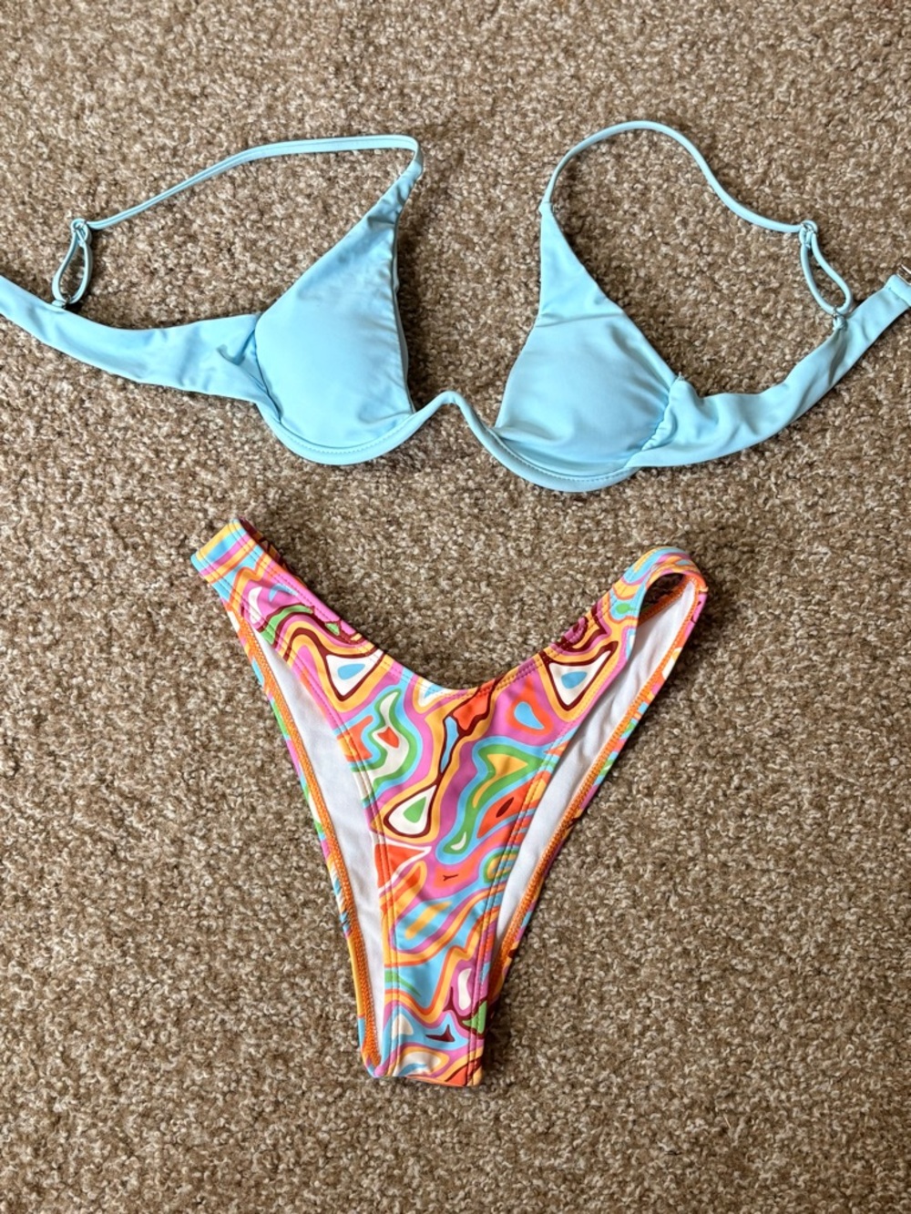Women’s Two-Piece Swim Set - Light Blue Top & Multicolor Bottom